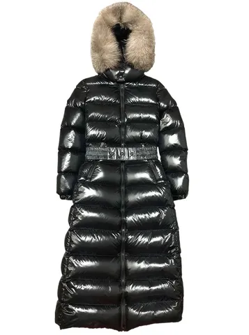 Moncler Down Jacket - Black Long Fur Hood Belted