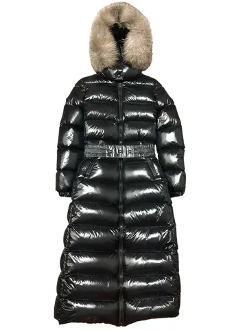 Moncler Down Jacket - Black Long Fur Hood Belted