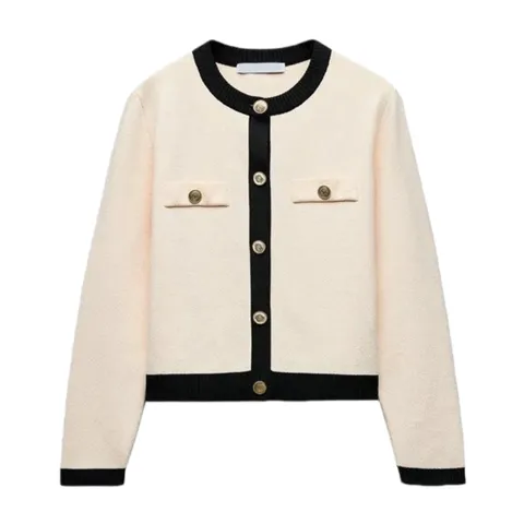 Zara Knitted Sweater - Cream & Black Trim Cardigan