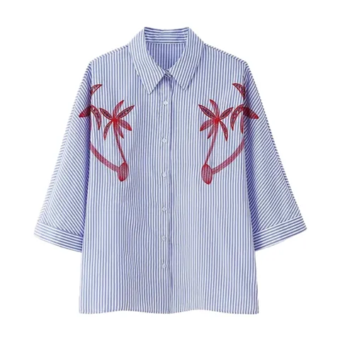 Zara Shirt - Blue Palm Embroidered