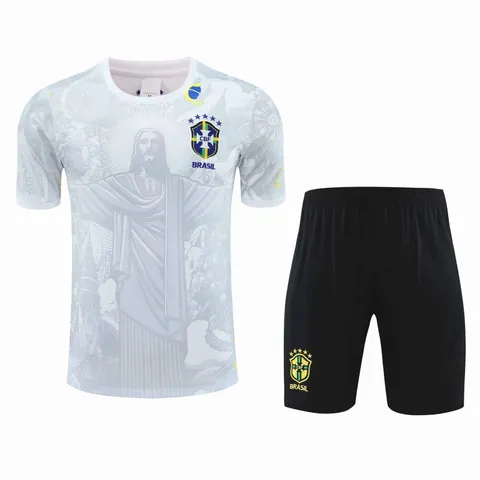 2526 season Brazil Jesus Training clothes suit vest Fan version - White Tee & Shorts