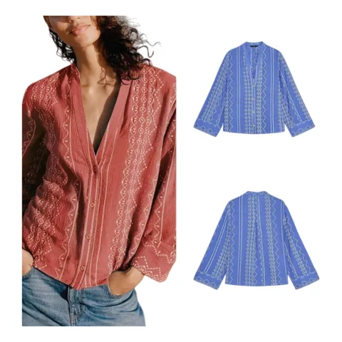 Zara Shirt - Blue Embroidered Stripe
