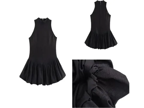 Zara Dress - Black Ruffle Mini, Stand-Collar