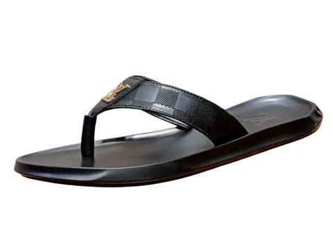 LV Slippers - Black Leather Flip Flop