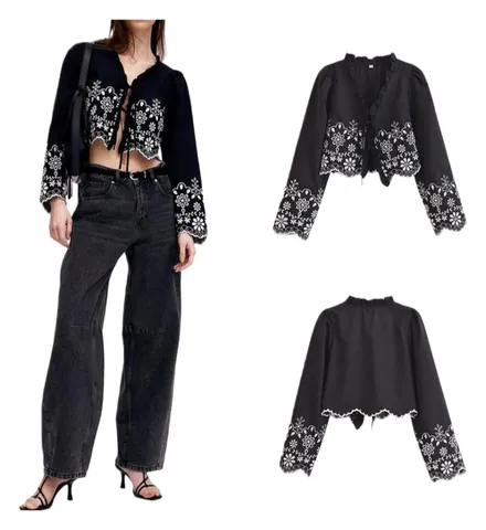 Zara Shirt - Black Embroidered Crop