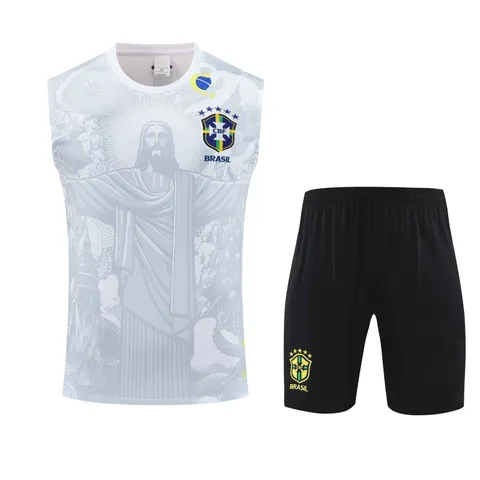 2526 season Brazil Jesus Training clothes suit vest Fan version - White Vest & Shorts