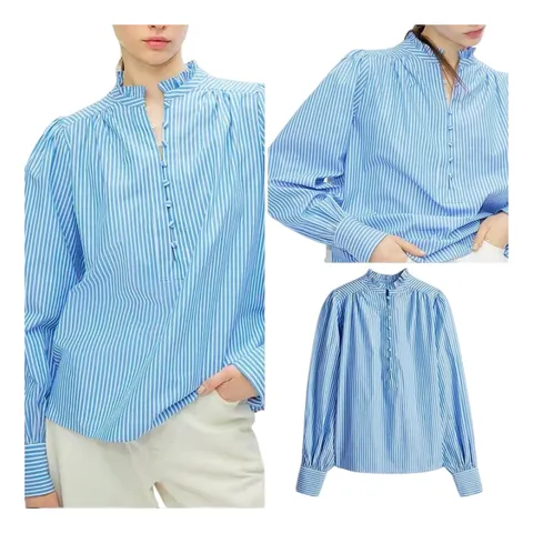 Zara Shirt - Blue Stripe Ruffle