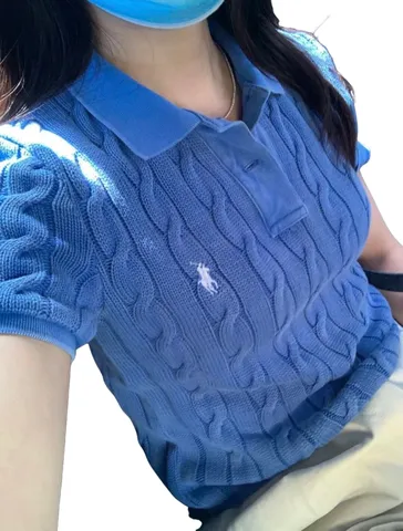 Ralph Lauren Cropped Sweater Shirt - Blue Cable Knit