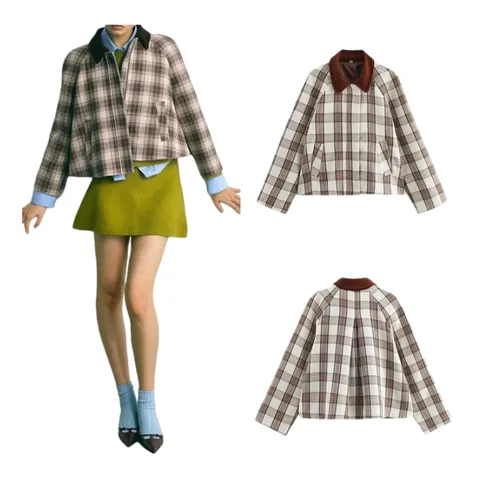 Zara Short Coat - Plaid Collar Jacket