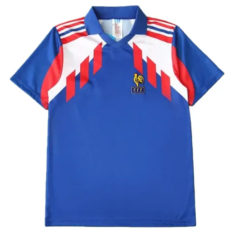 1990 season France home retro Fan version - Blue Wide Collar