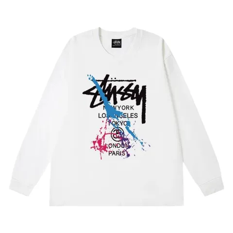 Stussy Long Tee - White World Tour Print