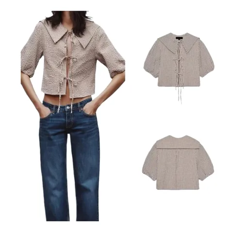 Zara Shirt - Beige Tie-Front Crop