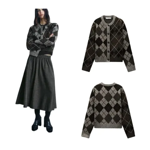 Zara Knitted Sweater - Argyle Knit Cardigan