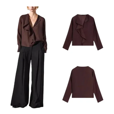 Zara Shirt - Brown Ruffle
