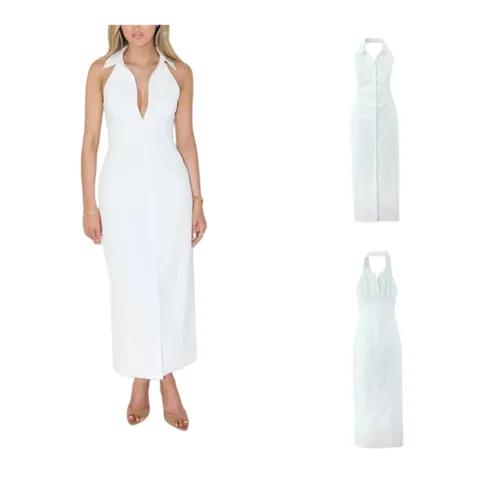 Zara Dress - White Halter Maxi, Linen