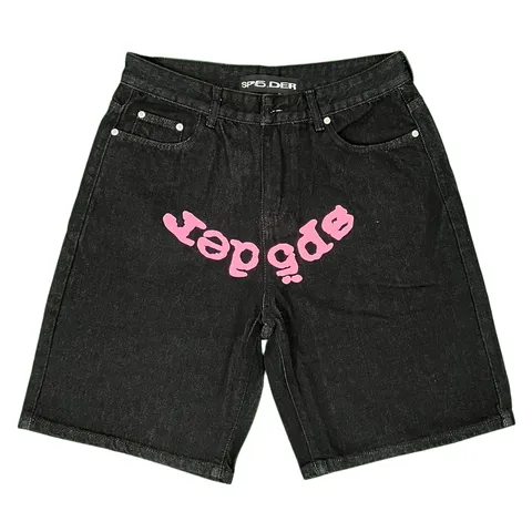 Sp5der Shorts - Black Denim Pink Logo